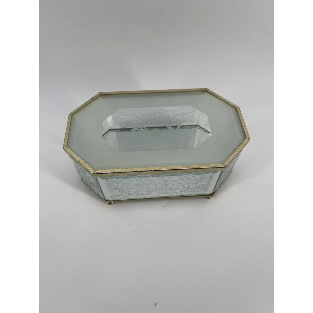Vintage Glass‎ Jewelry Trinket Box Gold Tone Etched Floral Hinged Lid Octagon